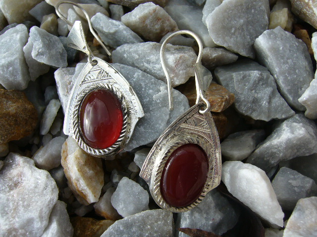 Boucles Oreilles Touareg  Agate Ovale Rouge