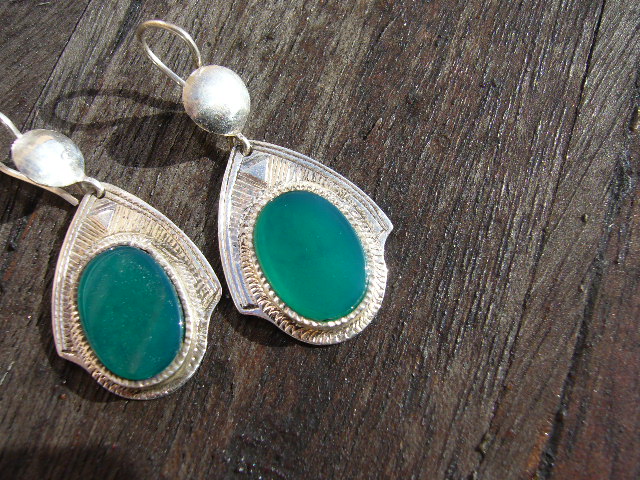 Boucles Oreilles Touareg  Agate Ovale Verte