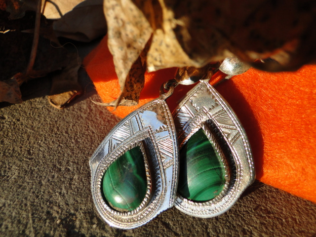 [BO313] Boucles Oreilles Touareg Agate Ovale Verte Grande