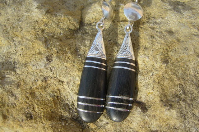 Boucles Oreilles Touareg Goutte Longue Ebene Traits d'Argent
